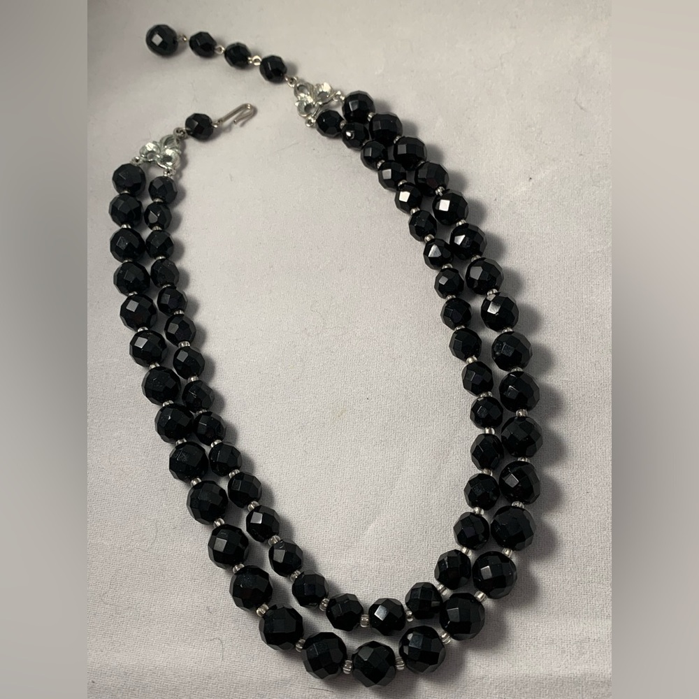 Vintage 2 Strand  Black Faceted Necklace w/ clear spacer beads